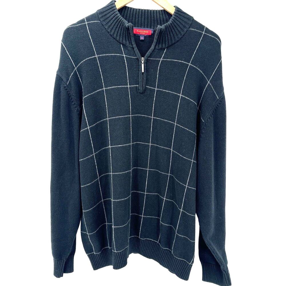 Austin Reed Sweater Mens XXL Black‎ Gray Windowpane Pullover 1/4 Zip Long Sleeve
